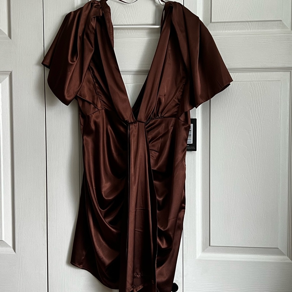 PrettyLittleThing Brown Ruched Wrap Dress